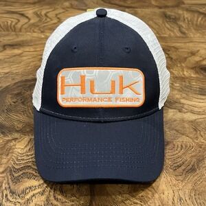 NWT HUK Trucker Snapback Fishing Hat Cap Mens White Blue Performance Mesh Patch